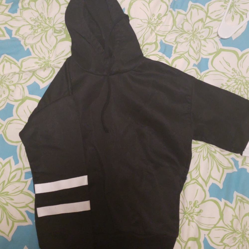 Black hooded sweater with stripes